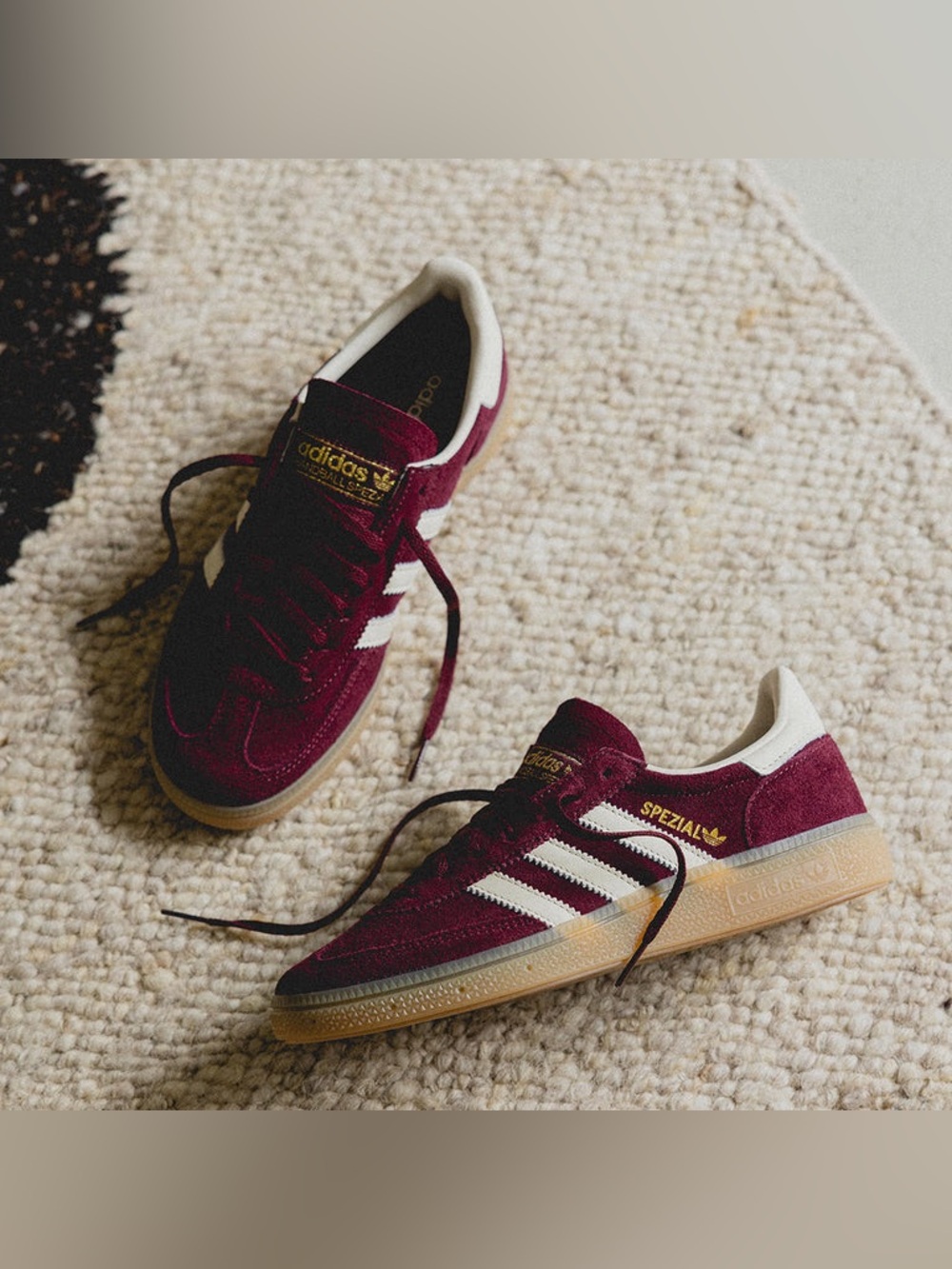 Adidas Handball Spezial Burgundy Suede - Maroon Cream Gold Metallic and Gum Sole